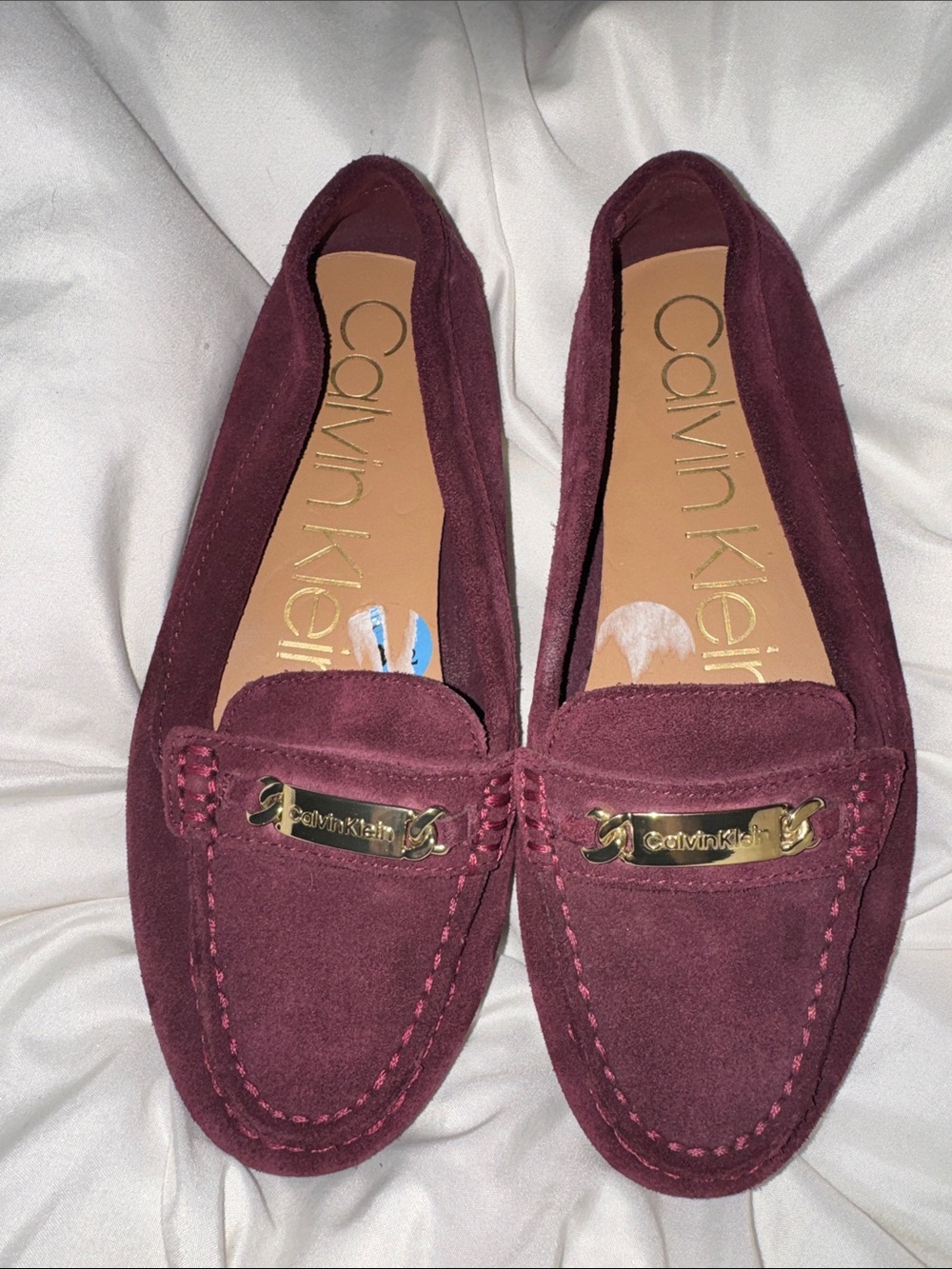 Calvin Klein Women's Burgundy Suede Moccasin Loafers with Gold Plaque